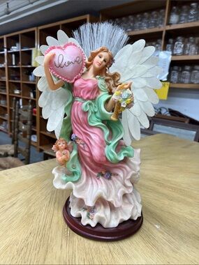 Angel Figurine with Pink 'Love' Heart and Floral Bouquet